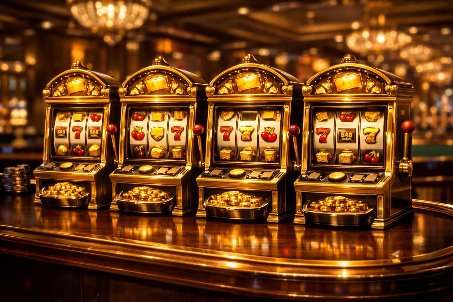 A Casino Table With Multiple GoldenThemed Slot Machines Arranged Neatly, Surrounded By Warm Lighting And A Softly Blurred Casino Background.