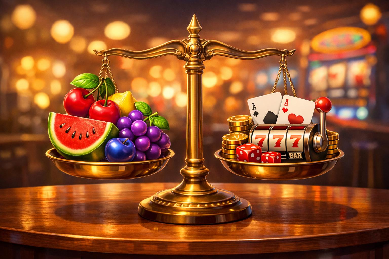 A Balanced Scale With Colorful Fruits On One Side And Casino Items On The Other, Placed On A Wooden Table.