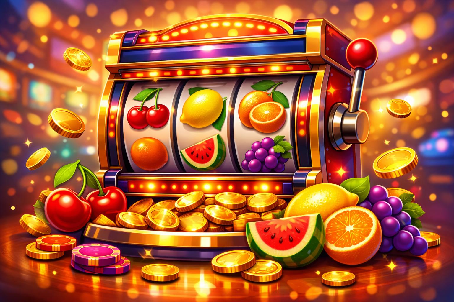 A Colorful Slot Machine With Fruit Symbols On Its Reels Surrounded By Coins And Tokens.