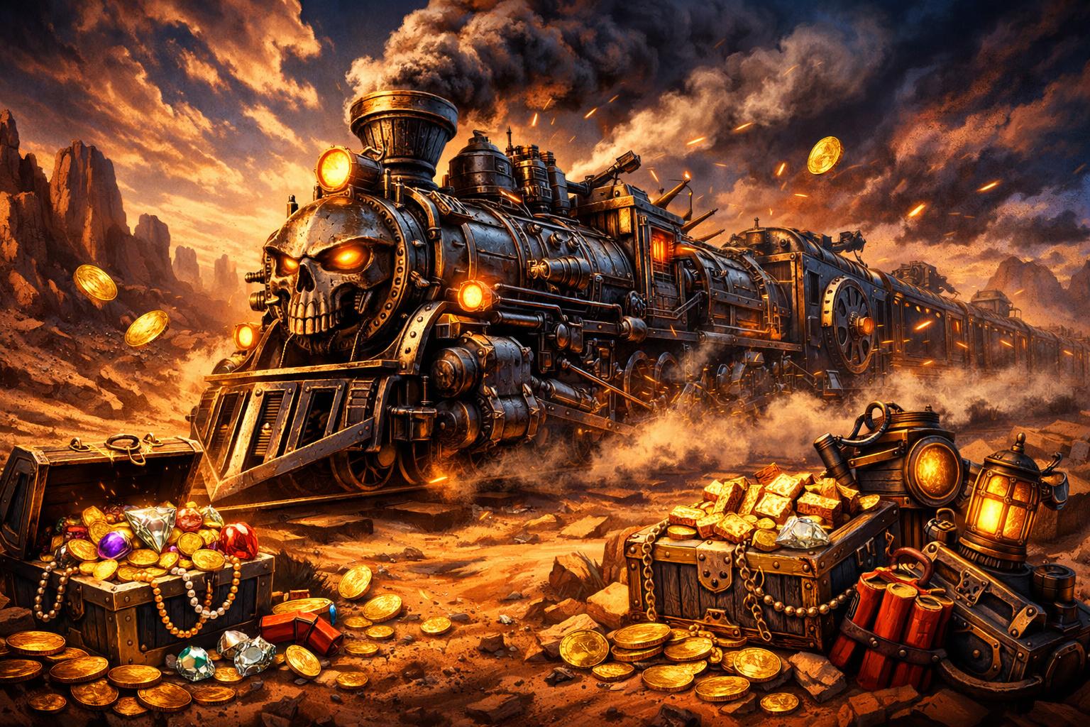 A Heavily Armored Steampunk Train Speeding Through A Desert Landscape With Gold Coins And Treasure Chests Scattered Around.