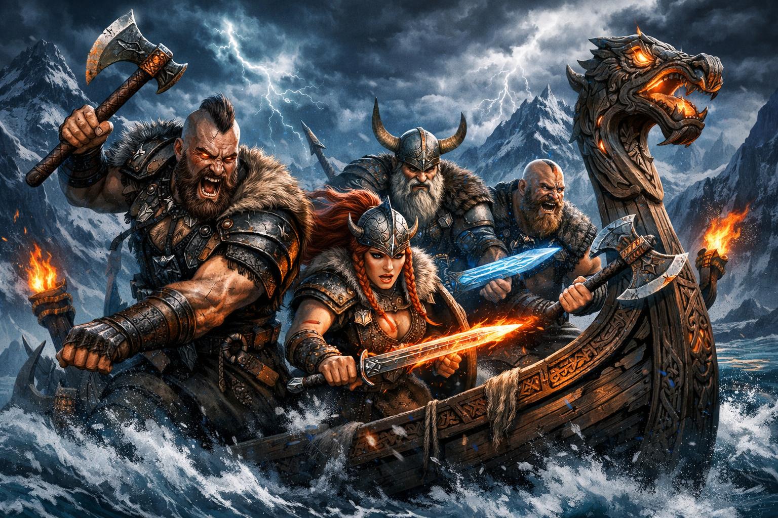 Viking Warriors On A Carved Wooden Ship Sailing Through Icy Waters With Snowy Mountains In The Background Under A Stormy Sky.