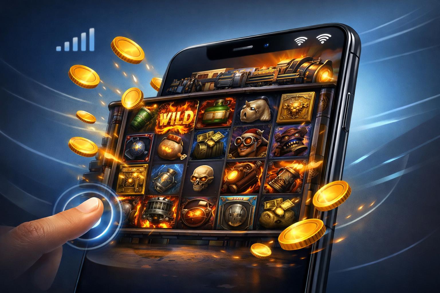 A Smartphone Showing The Money Train 2 Slot Game With Spinning Reels And Gold Coins, Surrounded By Icons Representing Mobile Connectivity.