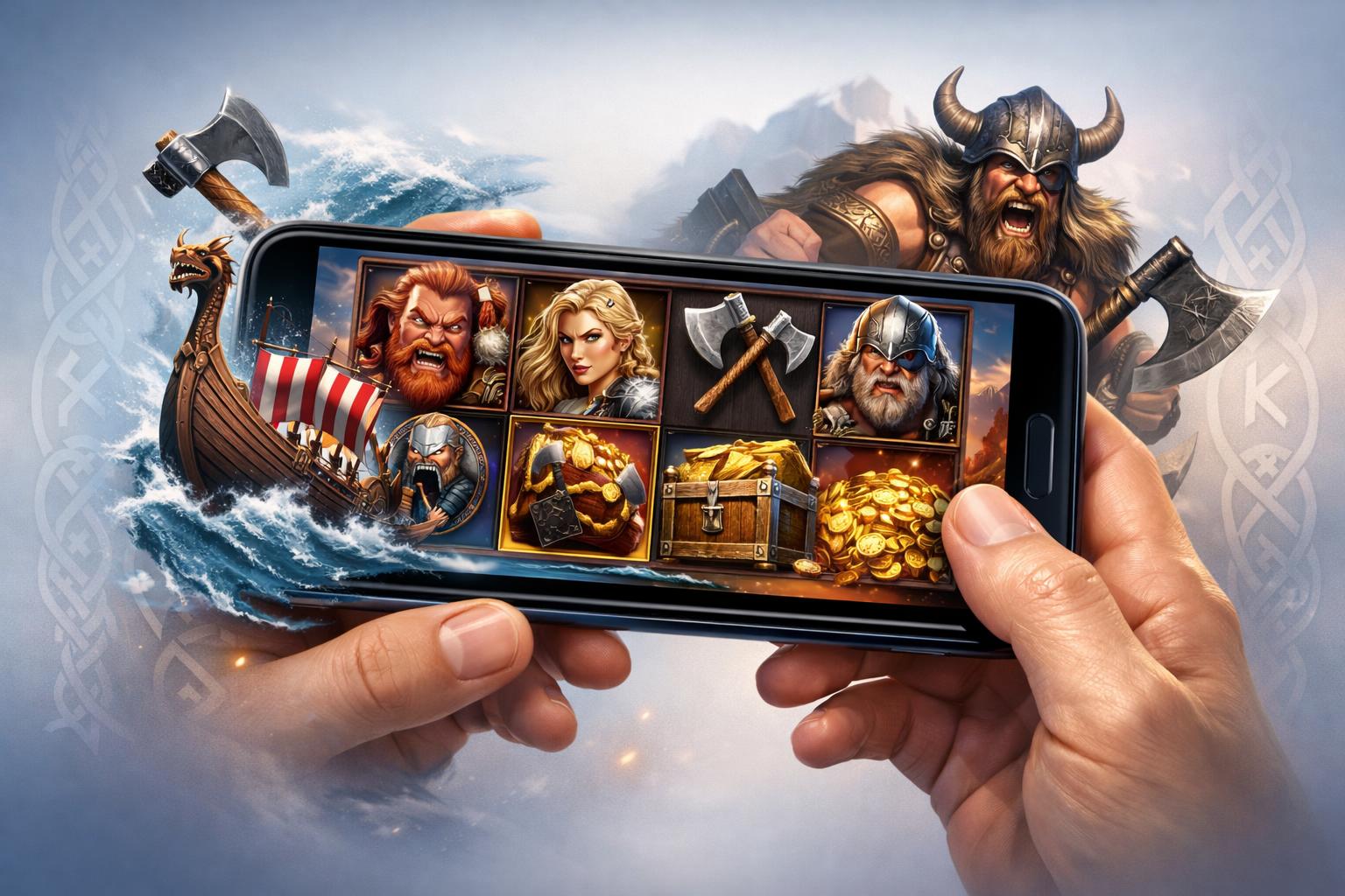A Hand Holding A Smartphone Showing Animated VikingThemed Slot Game Symbols With Norse Decorative Elements Around It.