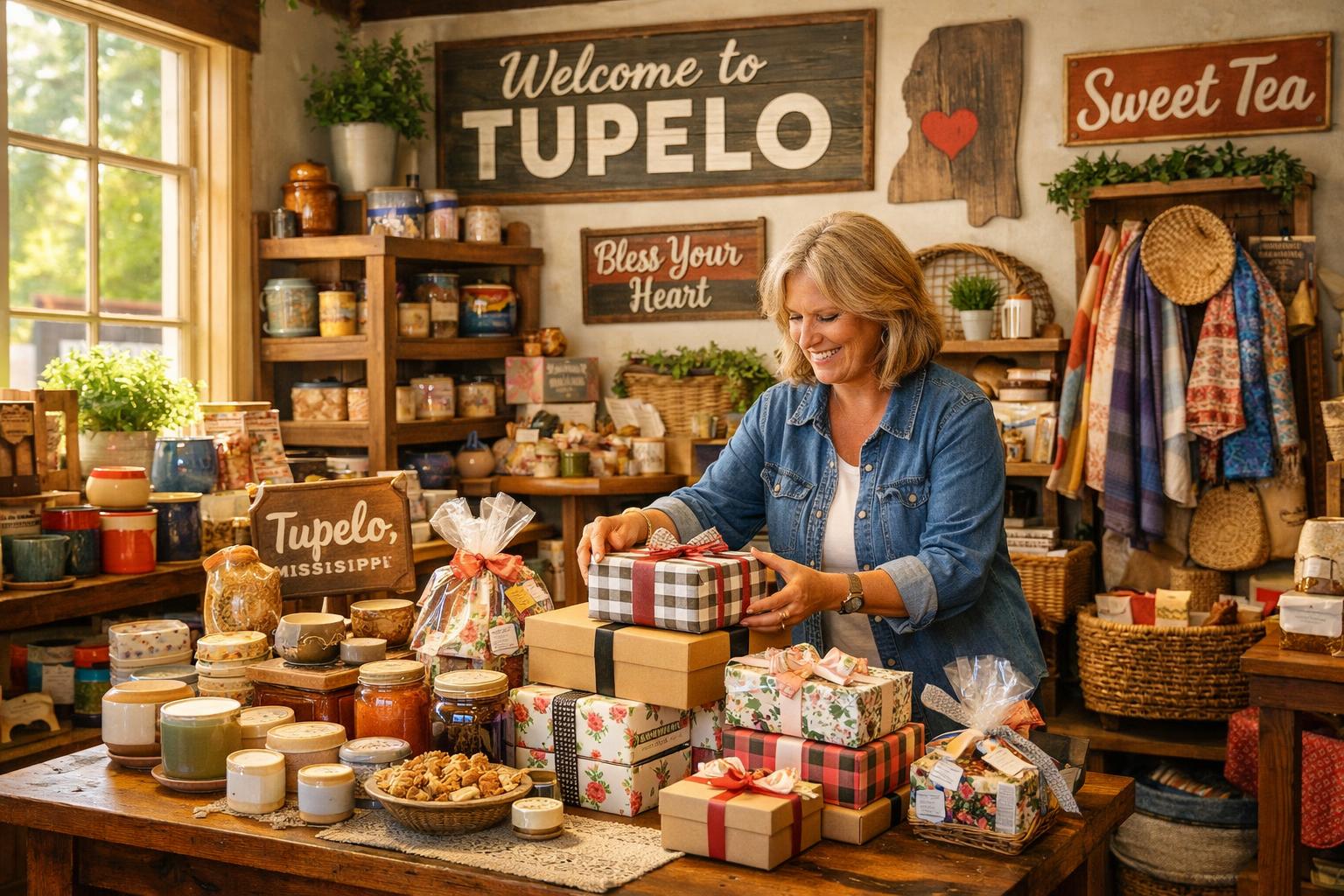 Interior of a cozy gift shop with shelves of handcrafted items and a shopkeeper arranging products.
