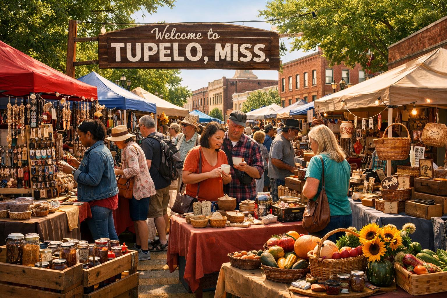 Outdoor seasonal market in Tupelo, Mississippi with people browsing colorful stalls selling handmade crafts and unique gifts.