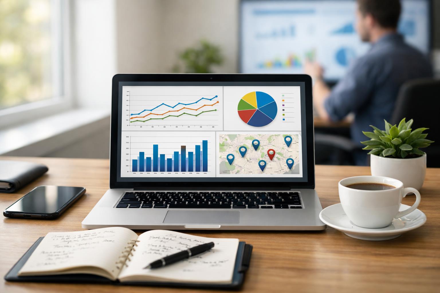 A modern office desk with a laptop showing SEO charts, a smartphone, notebook, coffee cup, and a person working in the background.