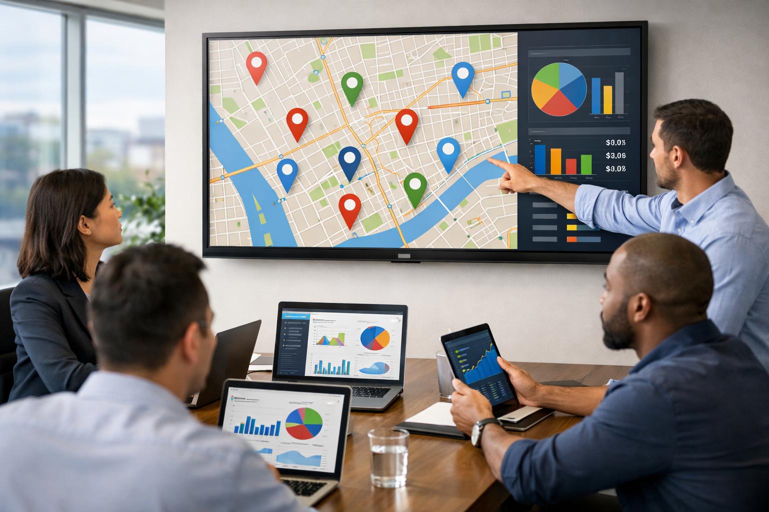 A group of professionals in an office reviewing digital charts and maps related to local SEO costs on laptops and a large screen.