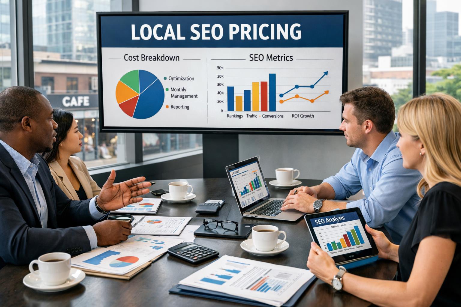 Business professionals discussing SEO pricing around a conference table with laptops and documents in a modern office.