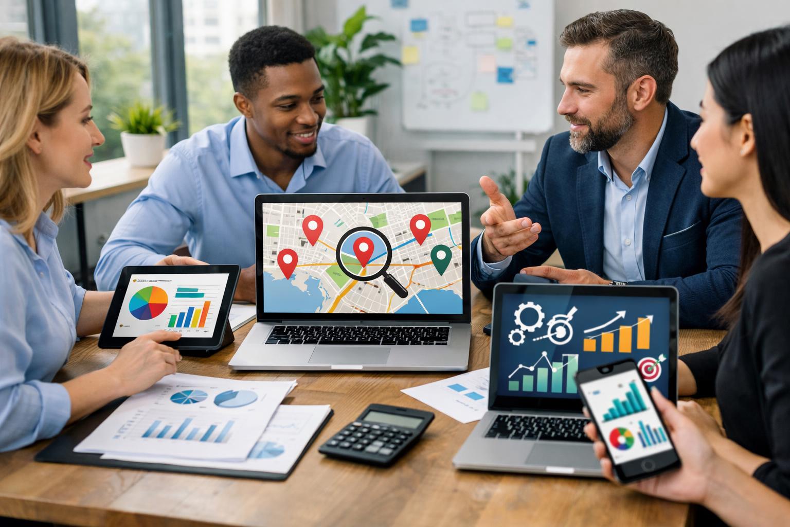 A group of business professionals working together around a table with digital devices showing maps and charts related to local SEO and cost analysis in a bright office.