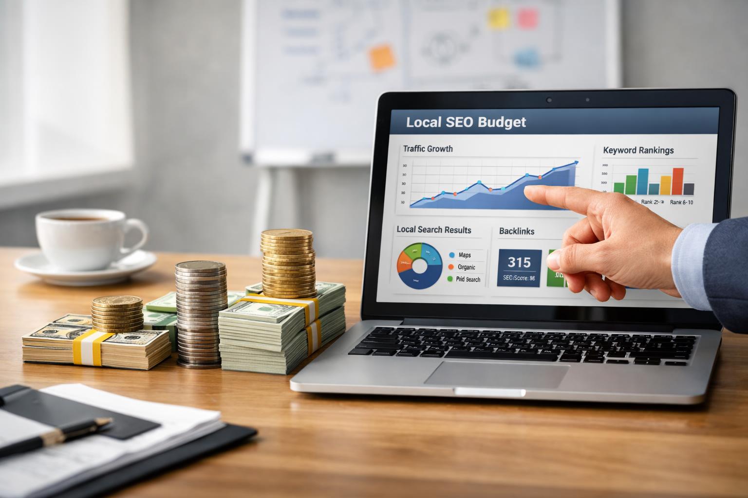 A person pointing at a laptop screen with charts on a desk with stacks of coins and banknotes representing different budgets.