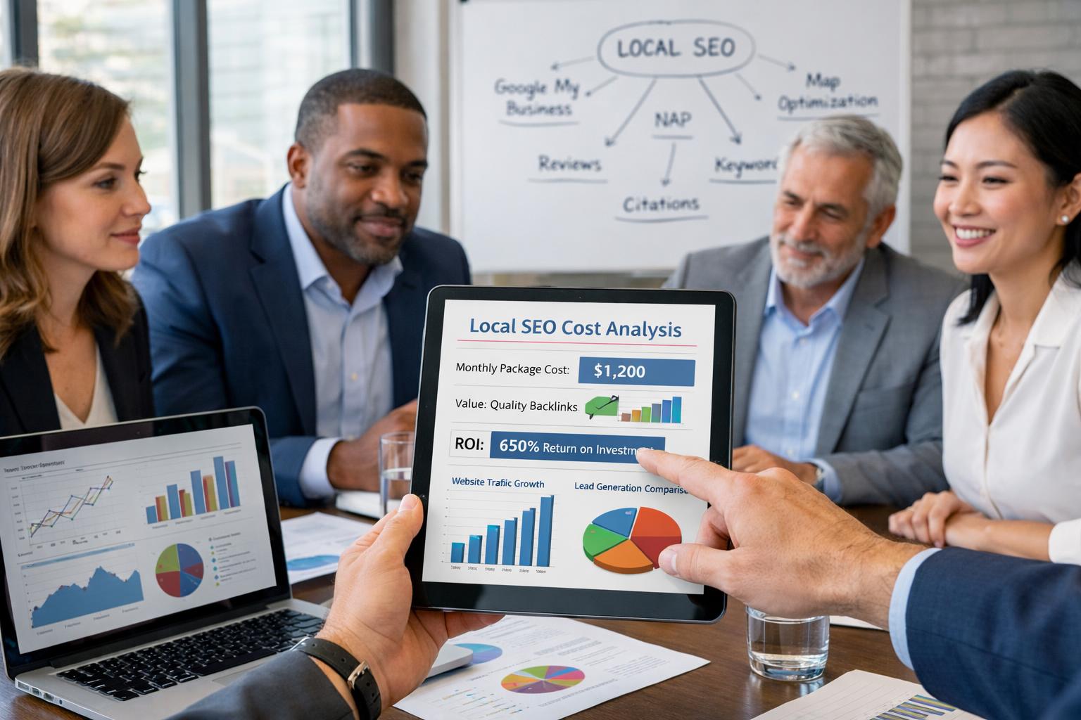 A group of business professionals discussing SEO reports and charts around a conference table in a bright office.