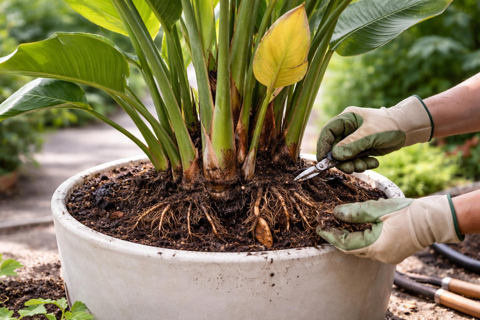 Close-up of a white bird of paradise plant in a container being carefully treated for root rot by a gardener outdoors.
