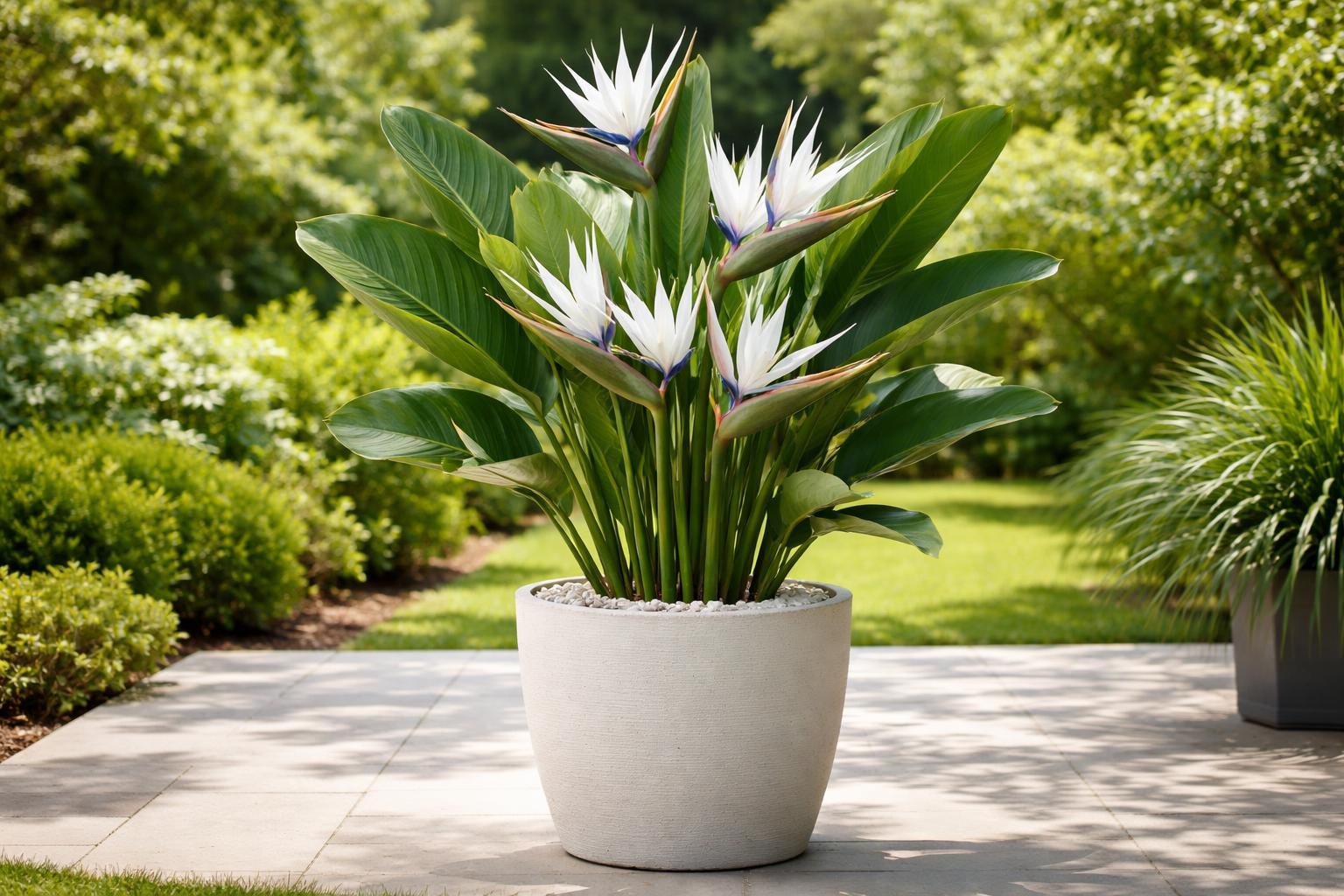White Bird of Paradise plant with flowers in a container outdoors surrounded by greenery.