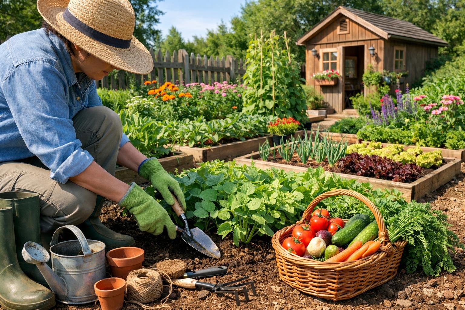 A person tending to plants in a sunlit home garden with flowers, vegetables, and gardening tools.