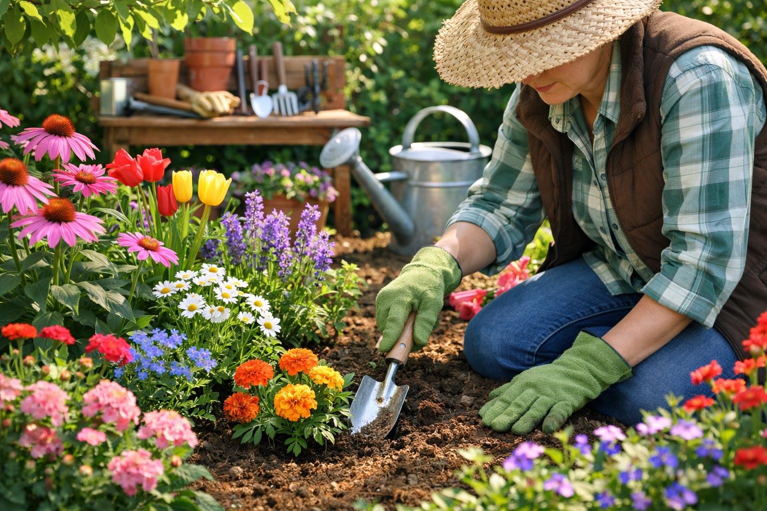 A person tending to a flourishing home garden filled with blooming flowers and green plants under natural sunlight.
