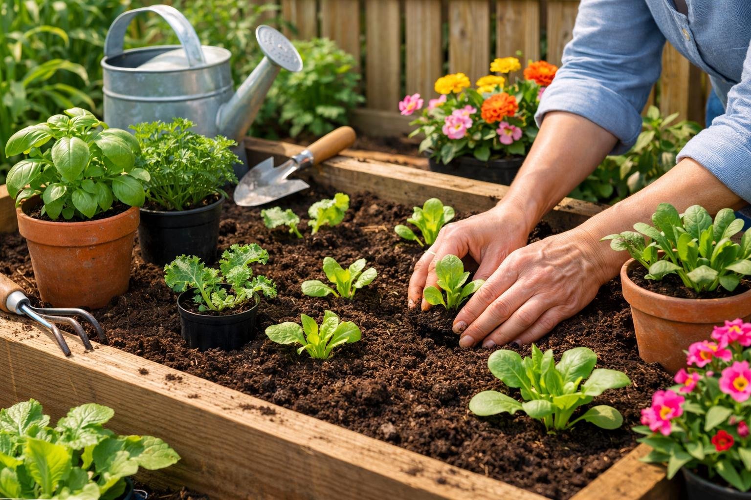 Hands planting seedlings in a raised garden bed surrounded by young plants and gardening tools in a home garden.
