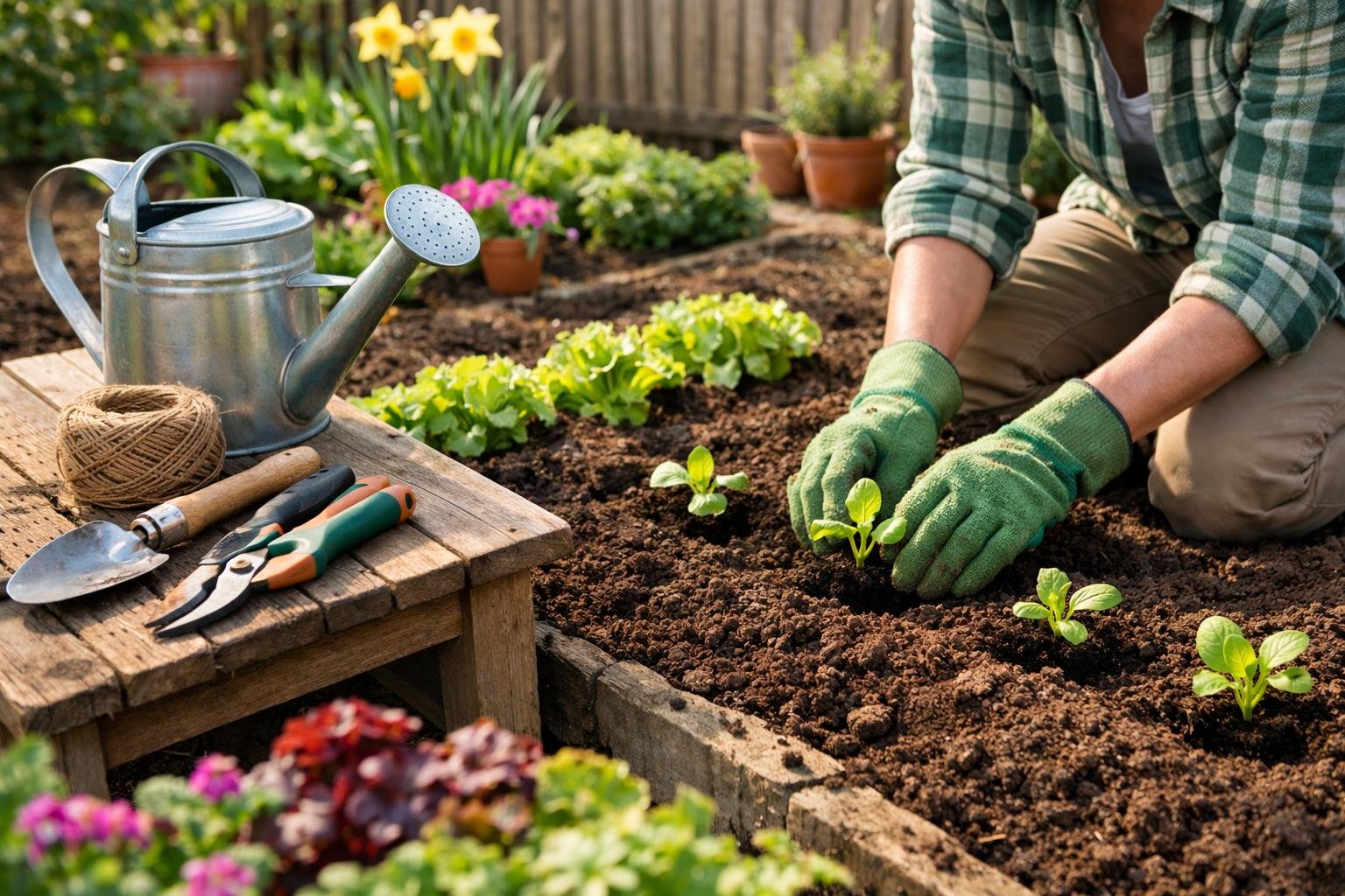 A person planting seedlings in a home garden with gardening tools and fresh soil under natural sunlight.