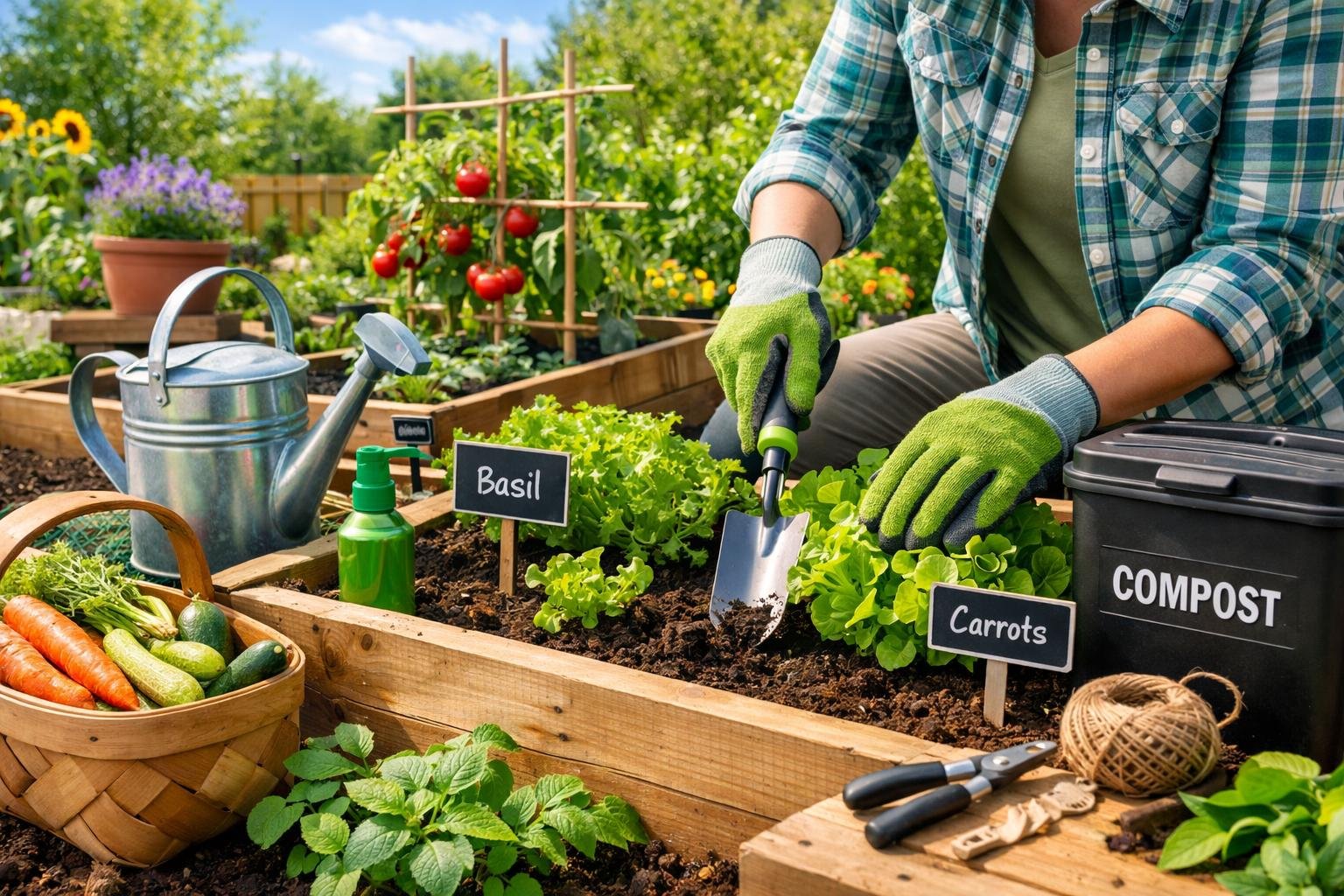 A person tending to a well-organized home garden with healthy plants and flowers on a sunny day.