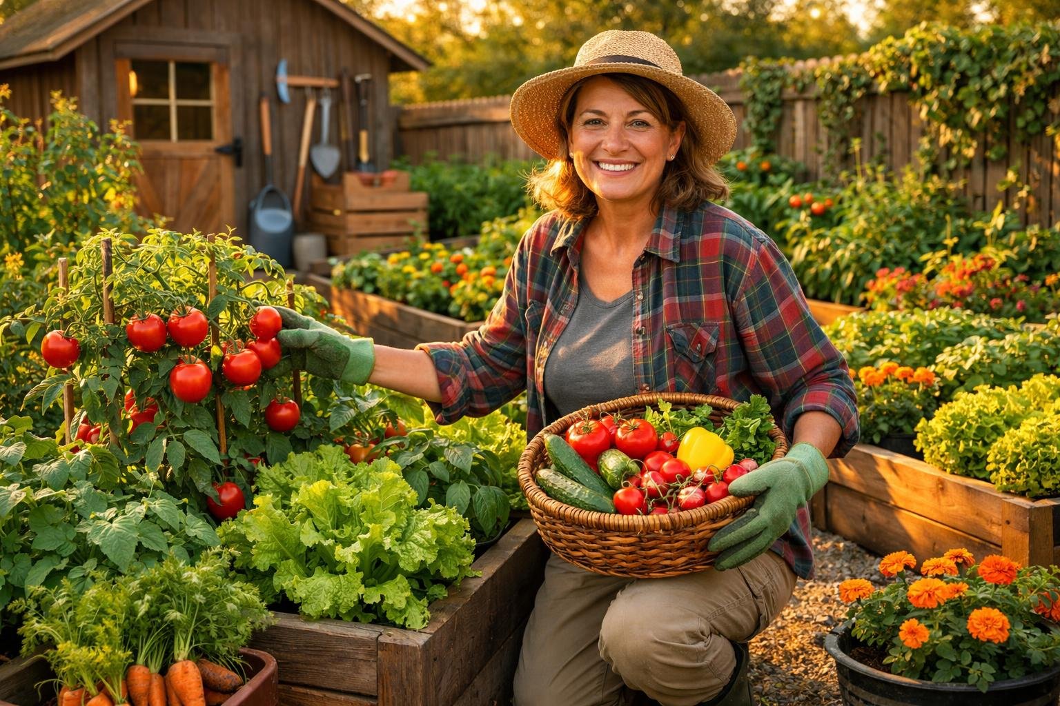 A person harvesting vegetables in a thriving home garden with raised beds and colorful plants.