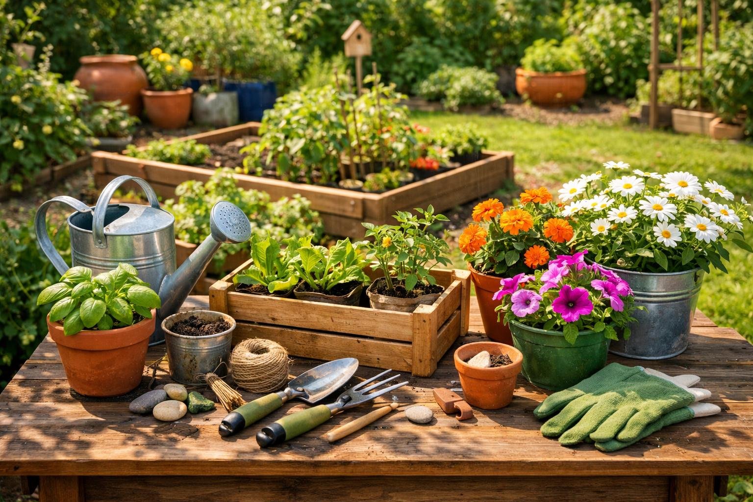 A sunlit home garden with green plants, colorful flowers, garden tools on a wooden table, and a backyard vegetable patch in the background.