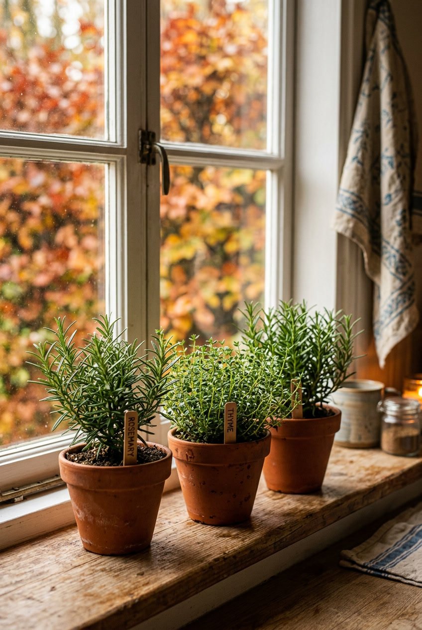 Small terracotta pots with rosemary and thyme plants on a kitchen windowsill with autumn foliage outside.