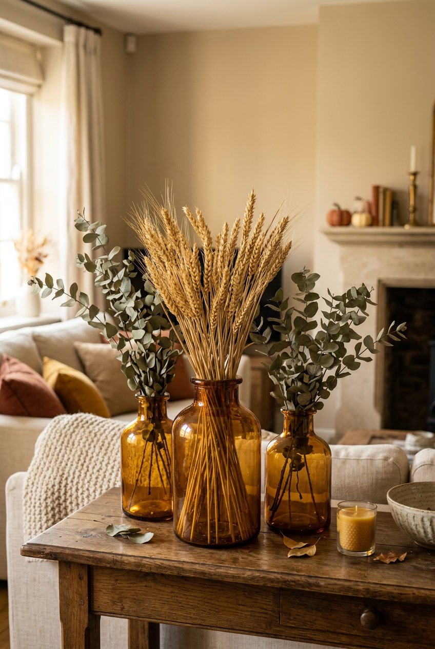 Amber glass vases holding dried wheat and eucalyptus on a wooden surface in a living room.