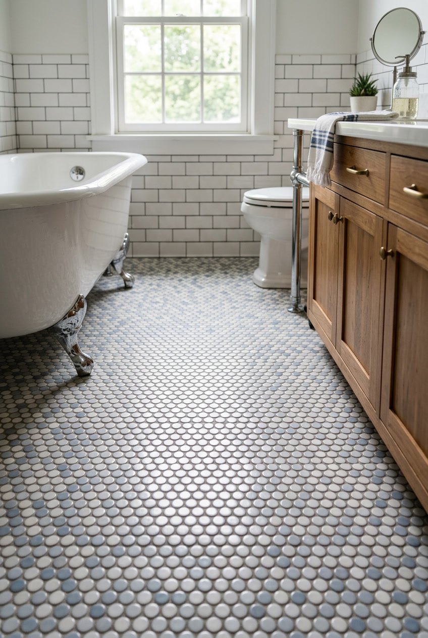 A bathroom floor with small round tiles in white and blue tones, next to a white bathtub and wooden vanity under natural light.