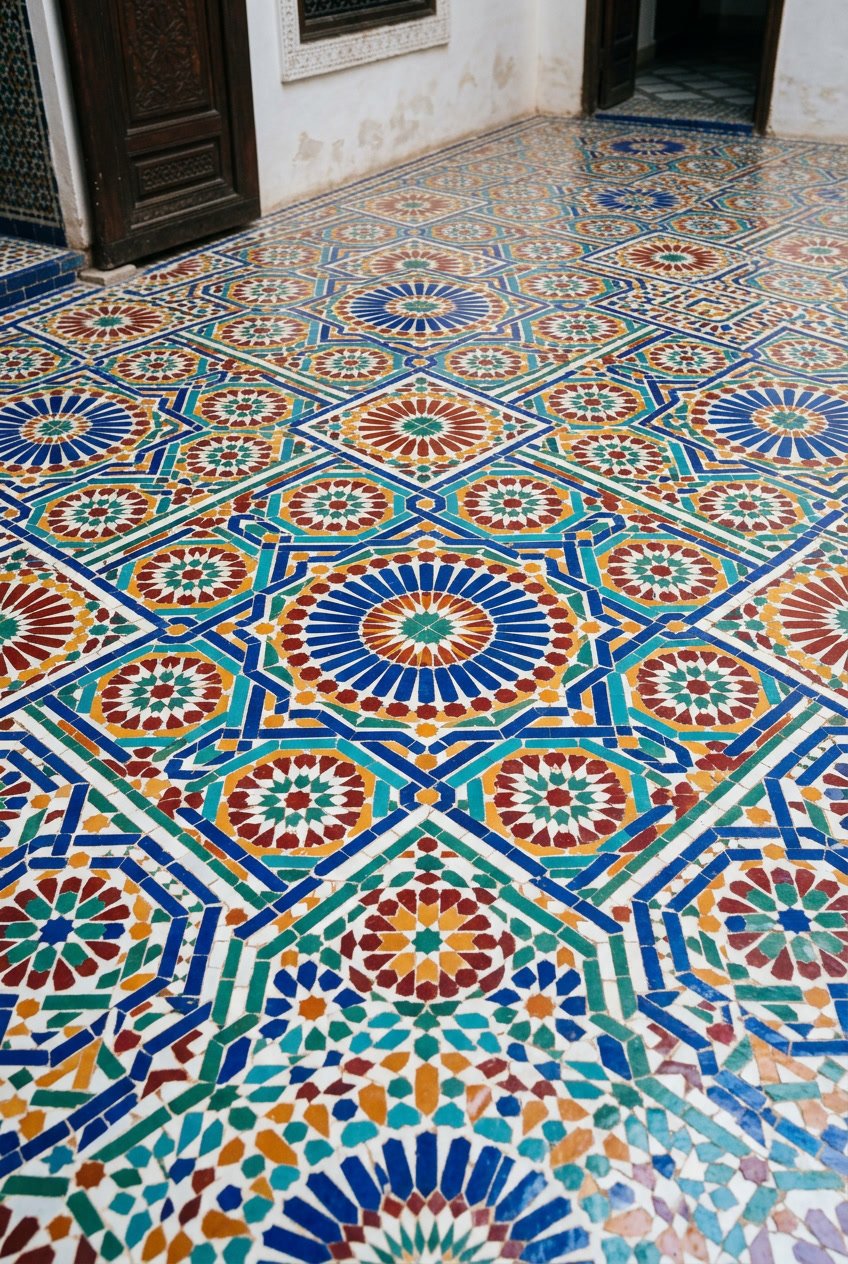 Close-up view of a colorful handcut mosaic tile floor with geometric patterns.