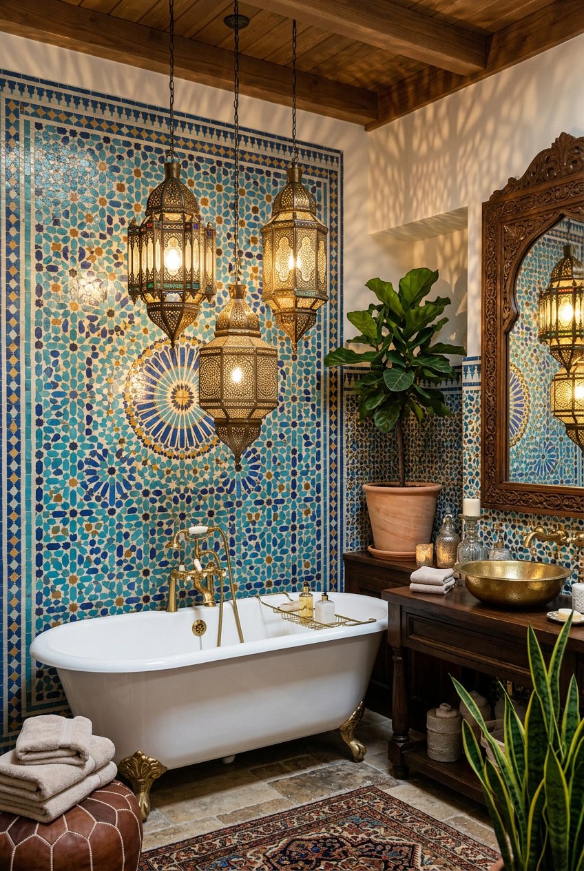 Brass Moroccan lantern pendants hanging above a luxurious bathroom with mosaic tiles, a freestanding bathtub, and green plants.