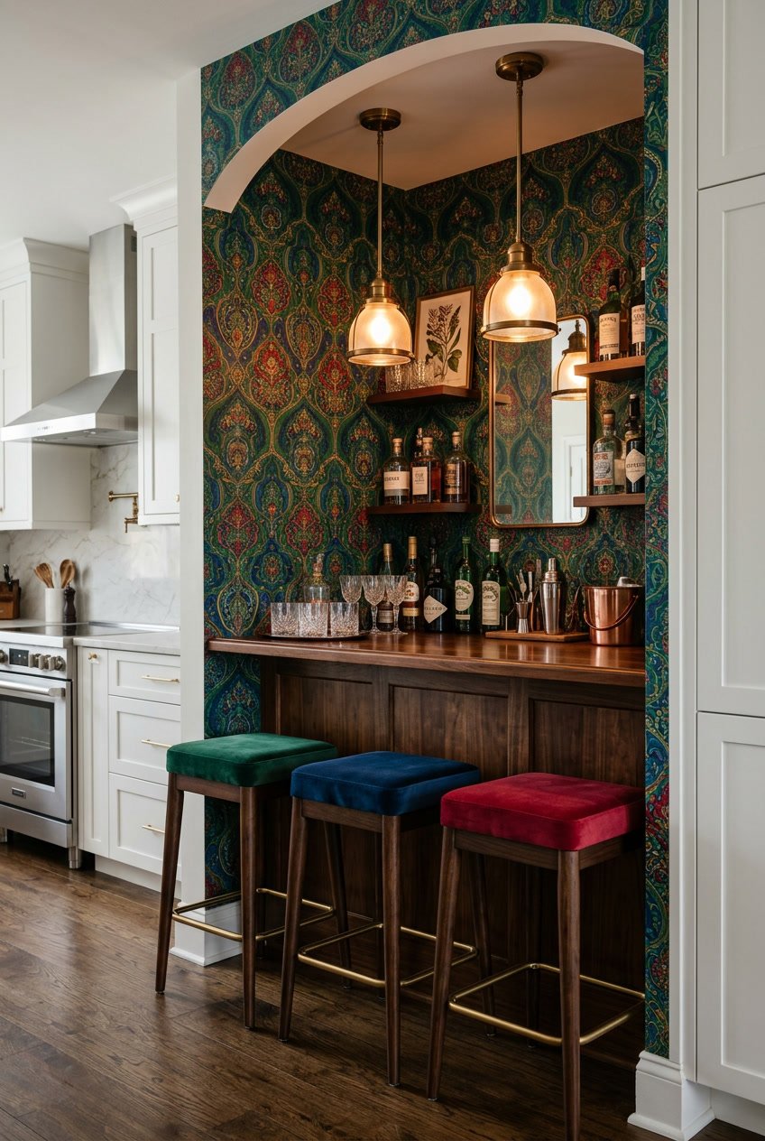 A small bar nook in a kitchen with patterned wallpaper, a wooden bar counter, bar stools, and shelves with glassware and bottles.