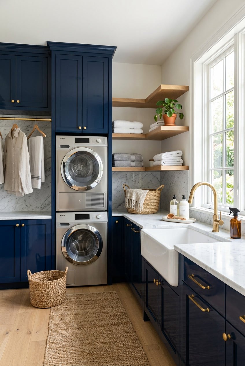 A laundry room with navy blue cabinets, white marble countertops, stainless steel appliances, and neatly folded towels on shelves.