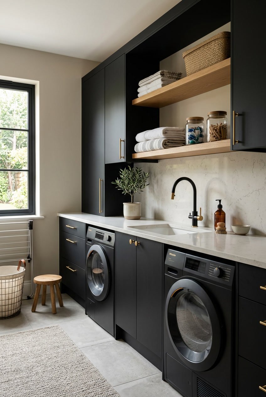 A modern laundry room with black cabinets and brass handles, a washer and dryer, a light countertop, and decorative items like towels and a plant.