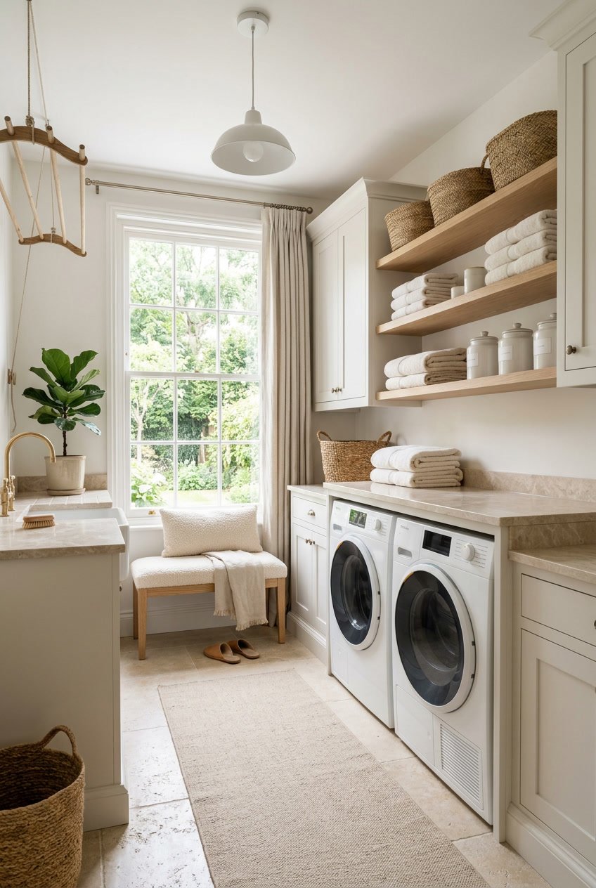 A bright and clean laundry room with washing machines, beige countertops, shelves with towels and baskets, a cushioned bench, and green plants.