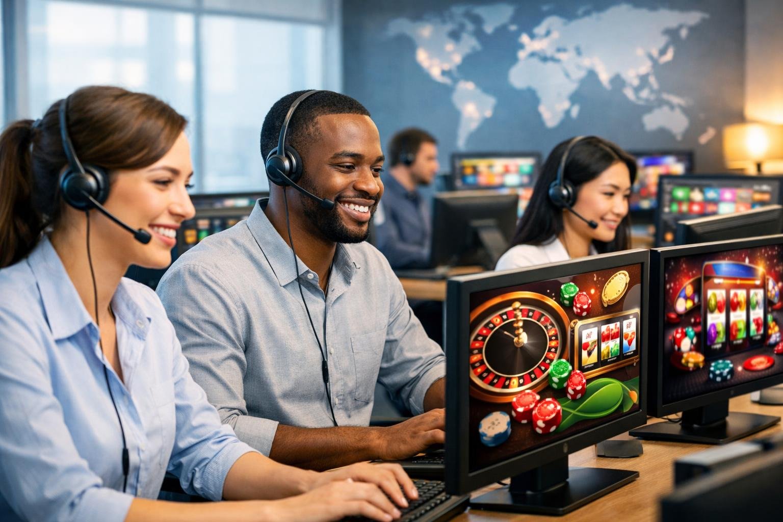 Customer Support Representatives Wearing Headsets Working At Computers In A Bright Office Environment.