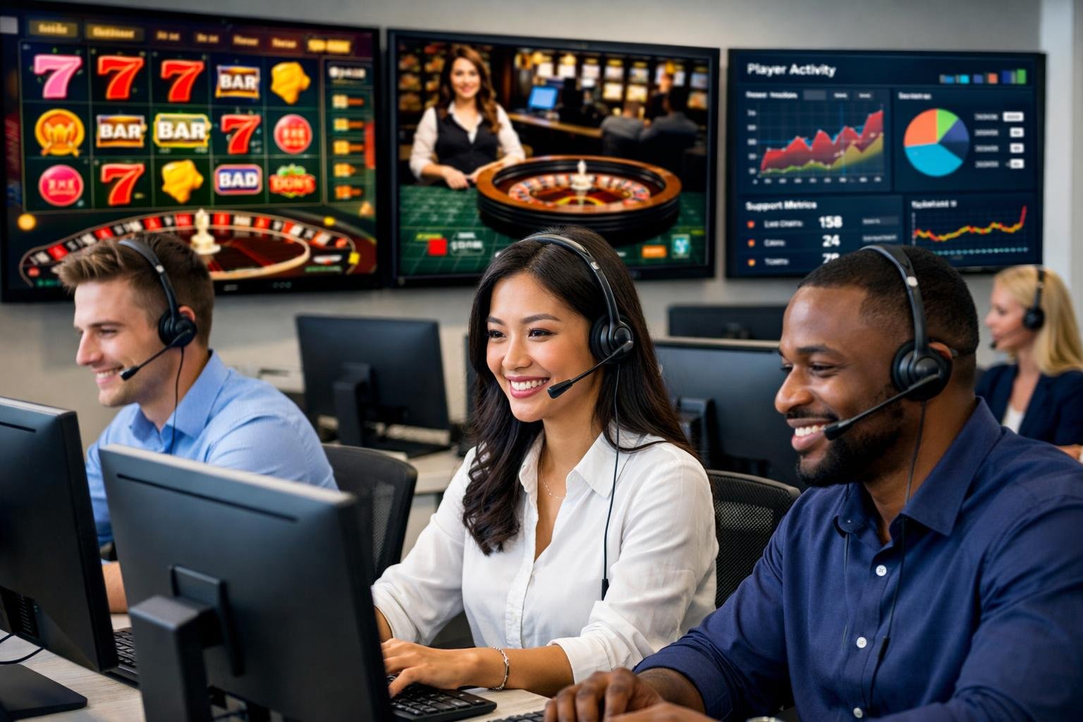 A Team Of Customer Support Representatives Wearing Headsets Working At Computers In A Modern Office With Multiple Monitors Displaying Casino Game Interfaces.