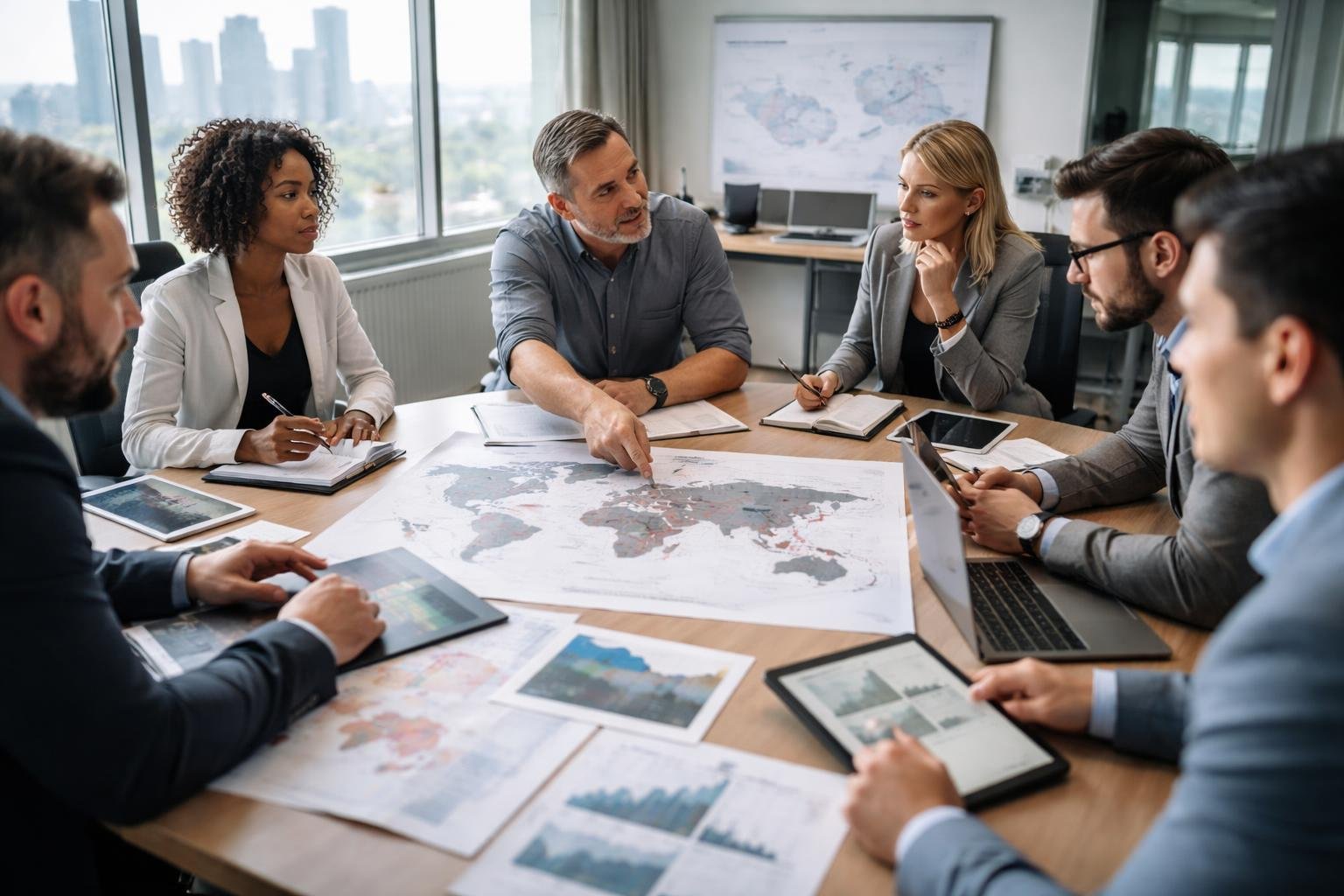 A group of adults in a conference room discussing maps and documents about war and economics.