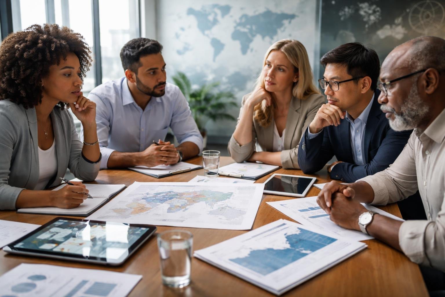 A diverse group of people engaged in a serious discussion around a table with documents and digital devices in a bright conference room.