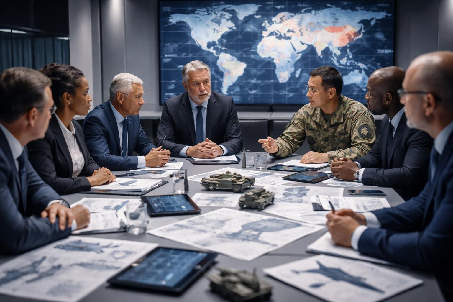 Business and military leaders in a conference room discussing documents and digital displays related to military equipment and global conflict zones.