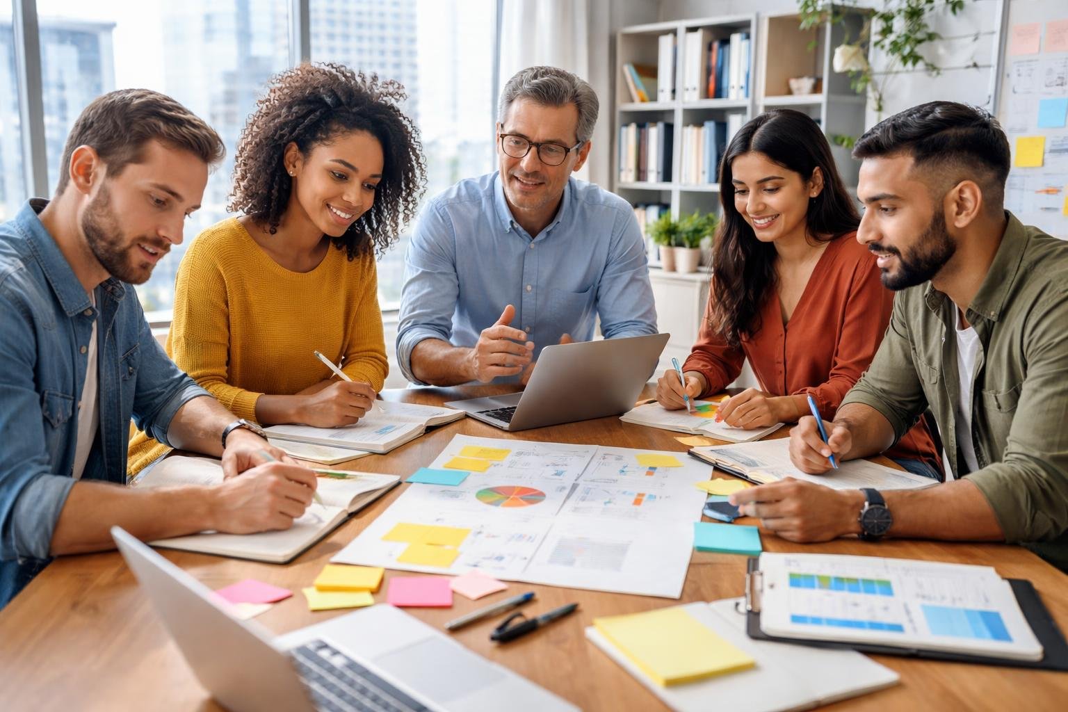A group of five adults working together around a table with laptops, notebooks, and sticky notes in a bright office.