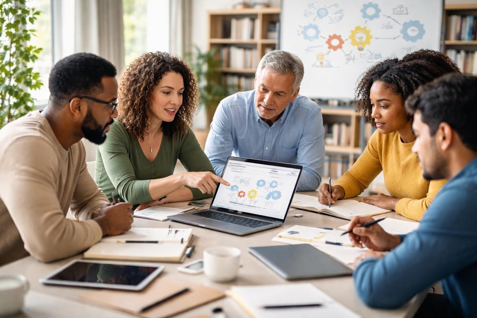 A group of adults working together around a table, discussing and writing notes in a bright meeting room.