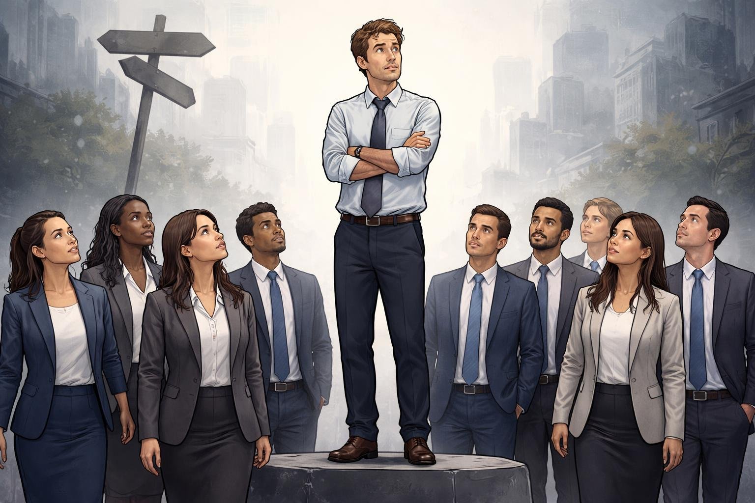 A group of businesspeople attentively following a confident but flawed leader standing on a platform with a chaotic background.