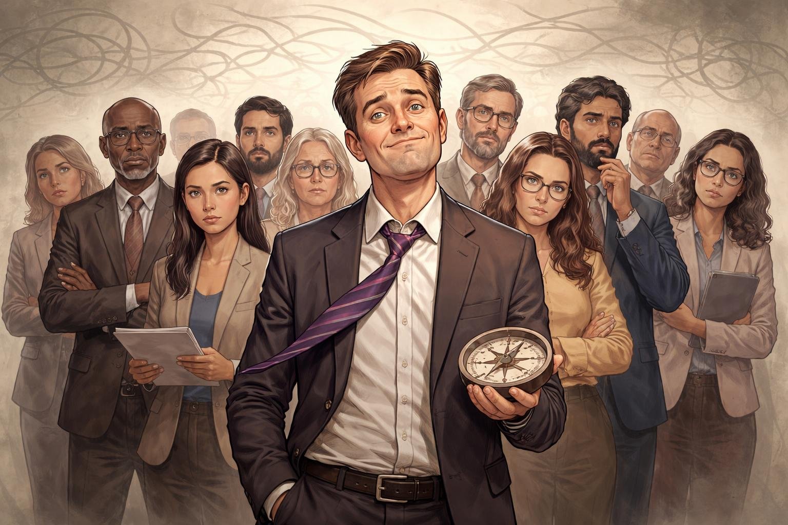 A group of thoughtful people following a confused leader who shows signs of poor leadership.