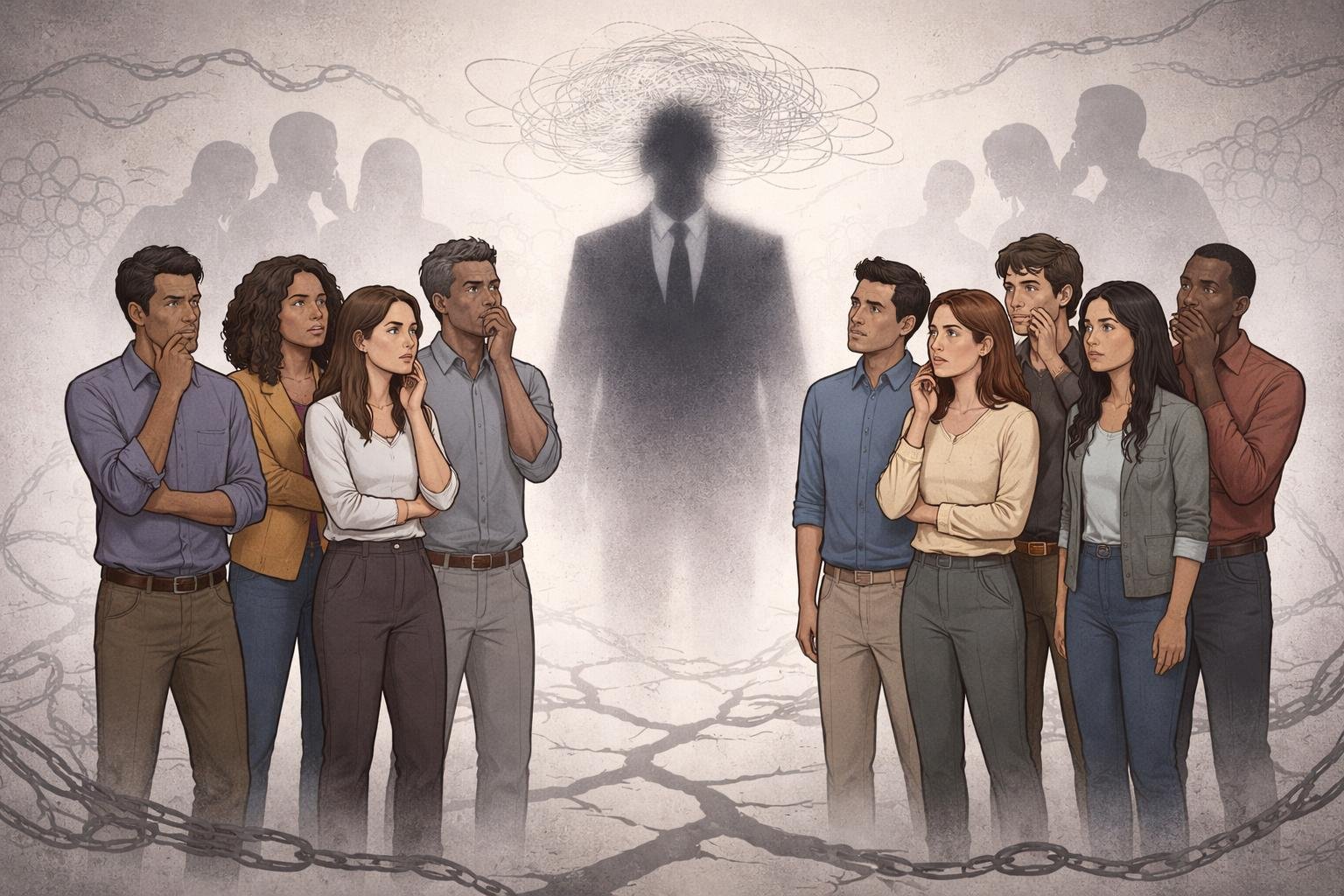 A group of diverse people looking uncertain as they face a shadowy figure representing poor leadership, with visual symbols of confusion and social pressure around them.