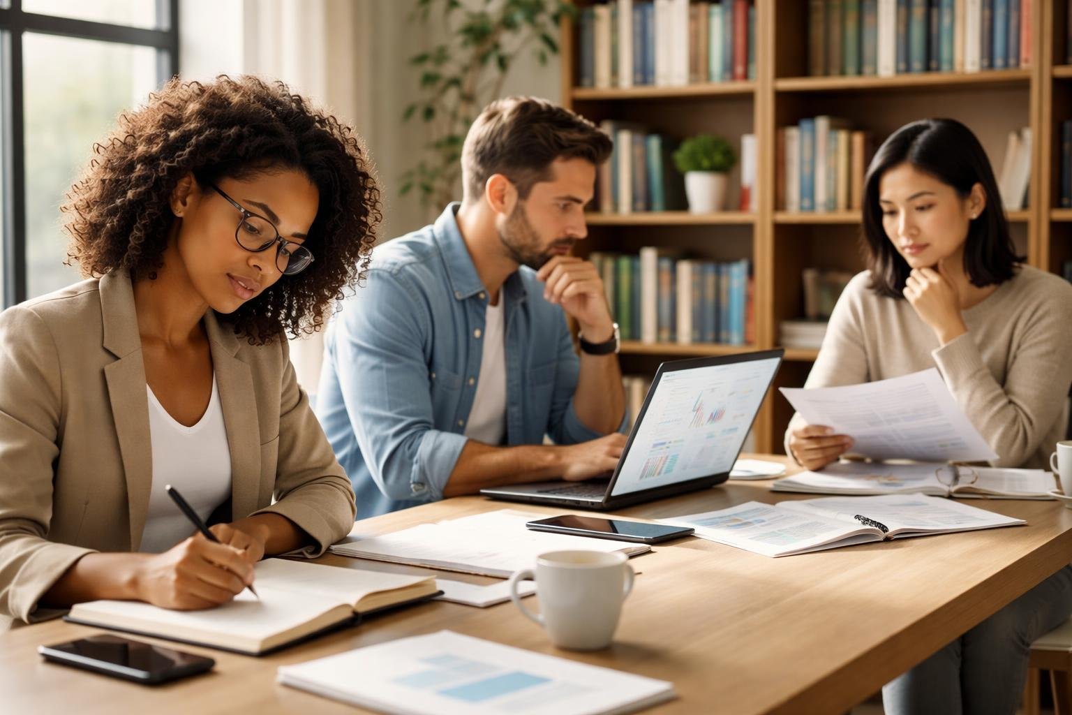 A group of people working thoughtfully in a bright office, writing notes, analyzing data on a laptop, and reviewing documents.