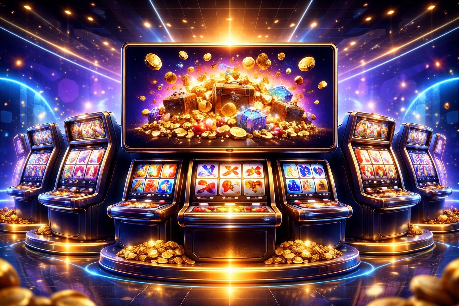 Pemandangan mesin slot digital yang berwarna-warni dengan koin emas dan efek cahaya di lingkungan kasino futuristik.