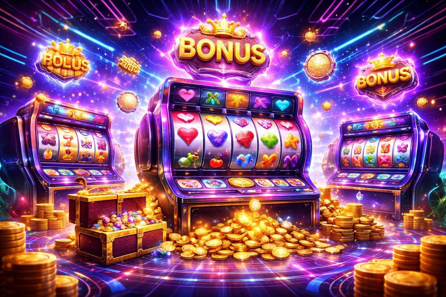 Tampilan 3D dari mesin slot online yang berwarna-warni dengan efek cahaya dan simbol bonus besar.