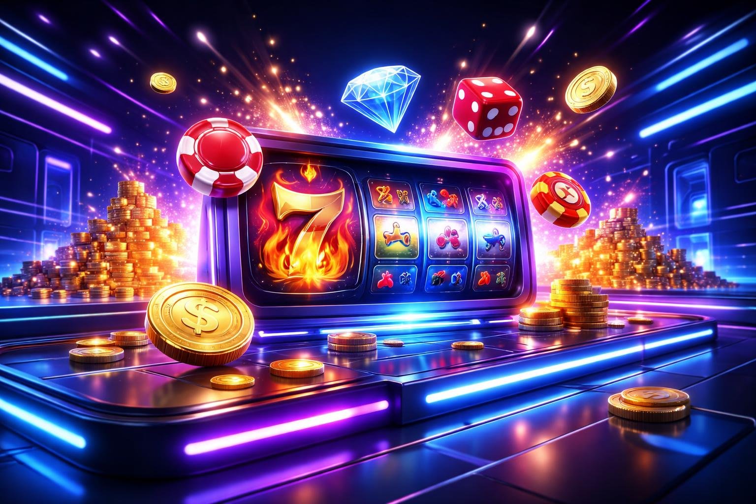 Suasana futuristik dari lingkungan permainan online dengan lampu neon dan ikon permainan mengambang, menggambarkan peluang menang besar.