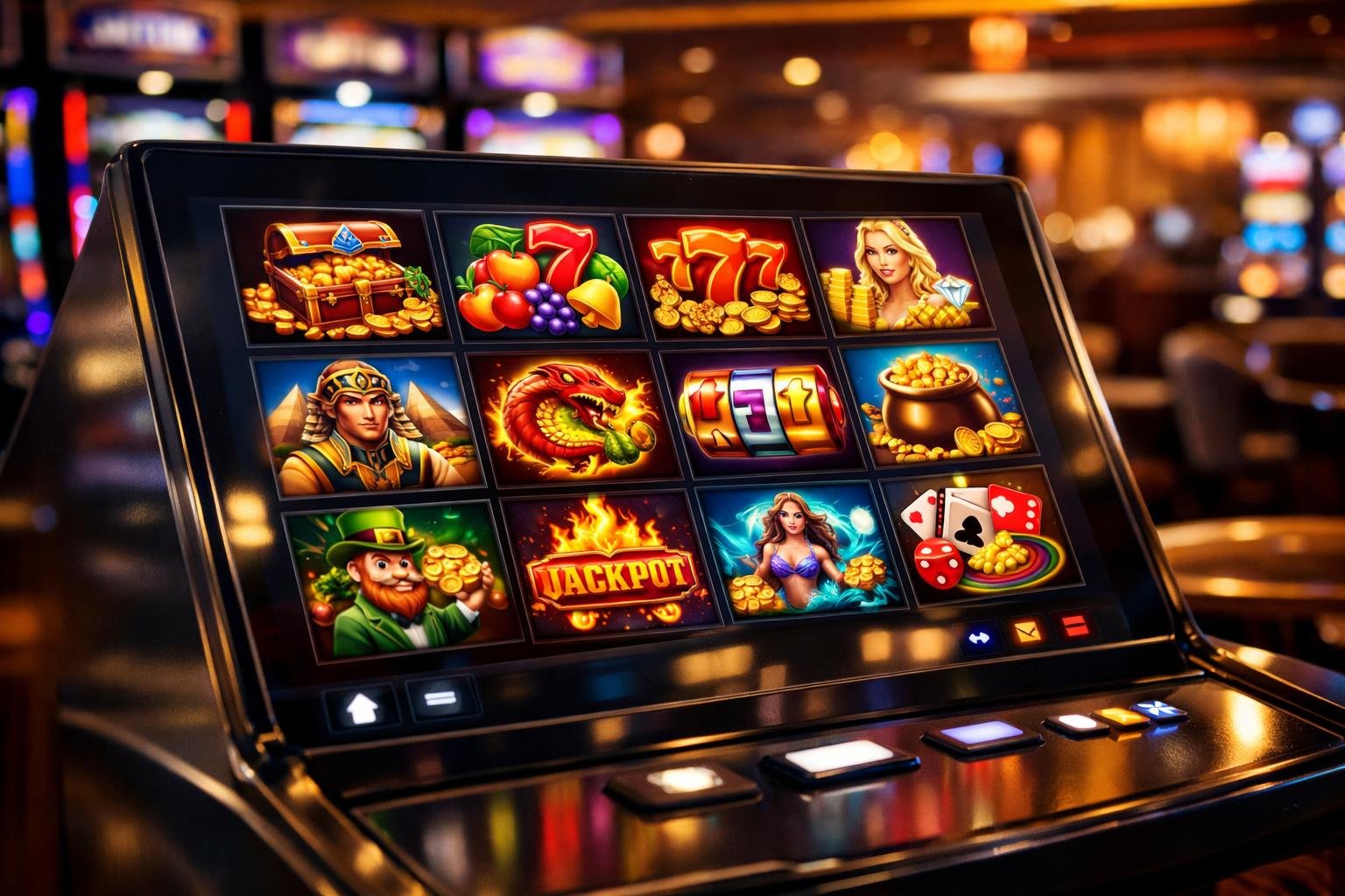 A Modern Casino Game Selection Screen Displaying Colorful Slot Machine Icons With A Softly Lit Casino Background.
