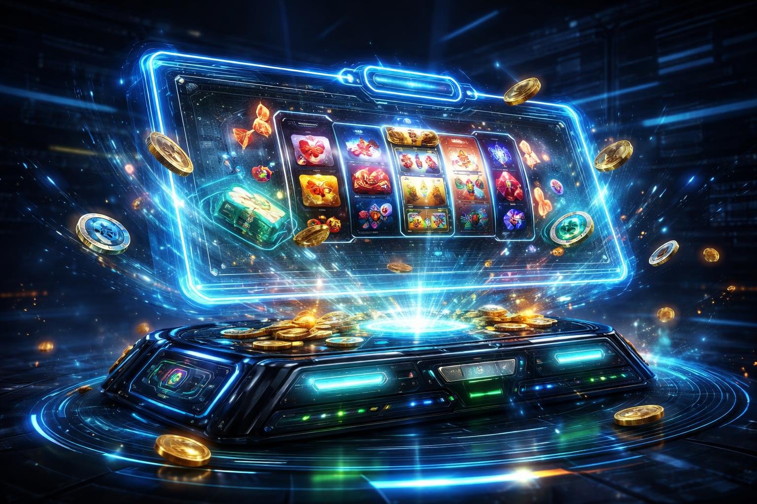 Tampilan antarmuka digital futuristik dengan elemen permainan dan koin jackpot yang melayang di atas konsol teknologi tinggi.