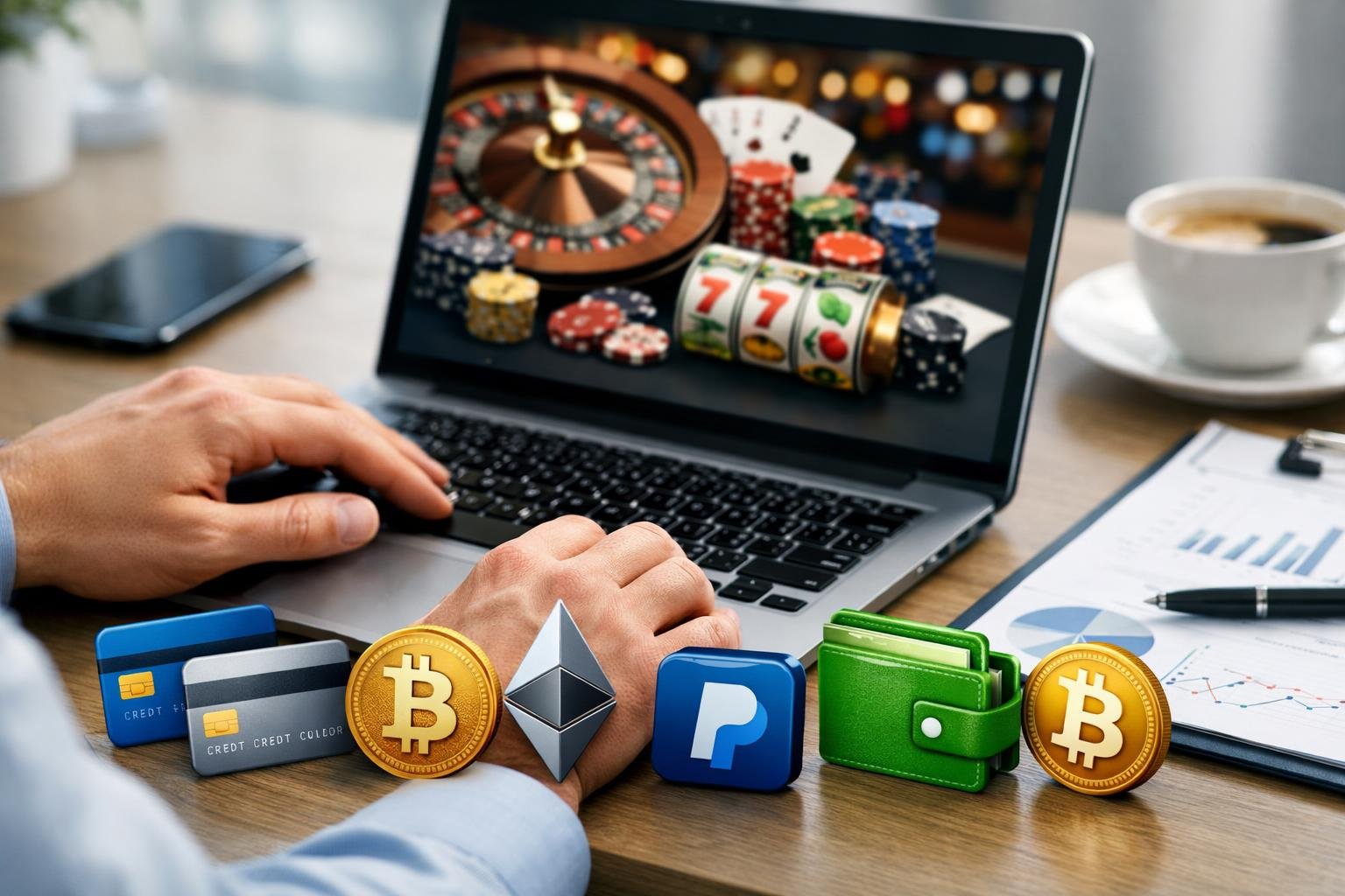 Hands Interacting With A Laptop Showing An Online Casino Interface Surrounded By Icons Of Payment Methods On A Desk In A Modern Office Setting.